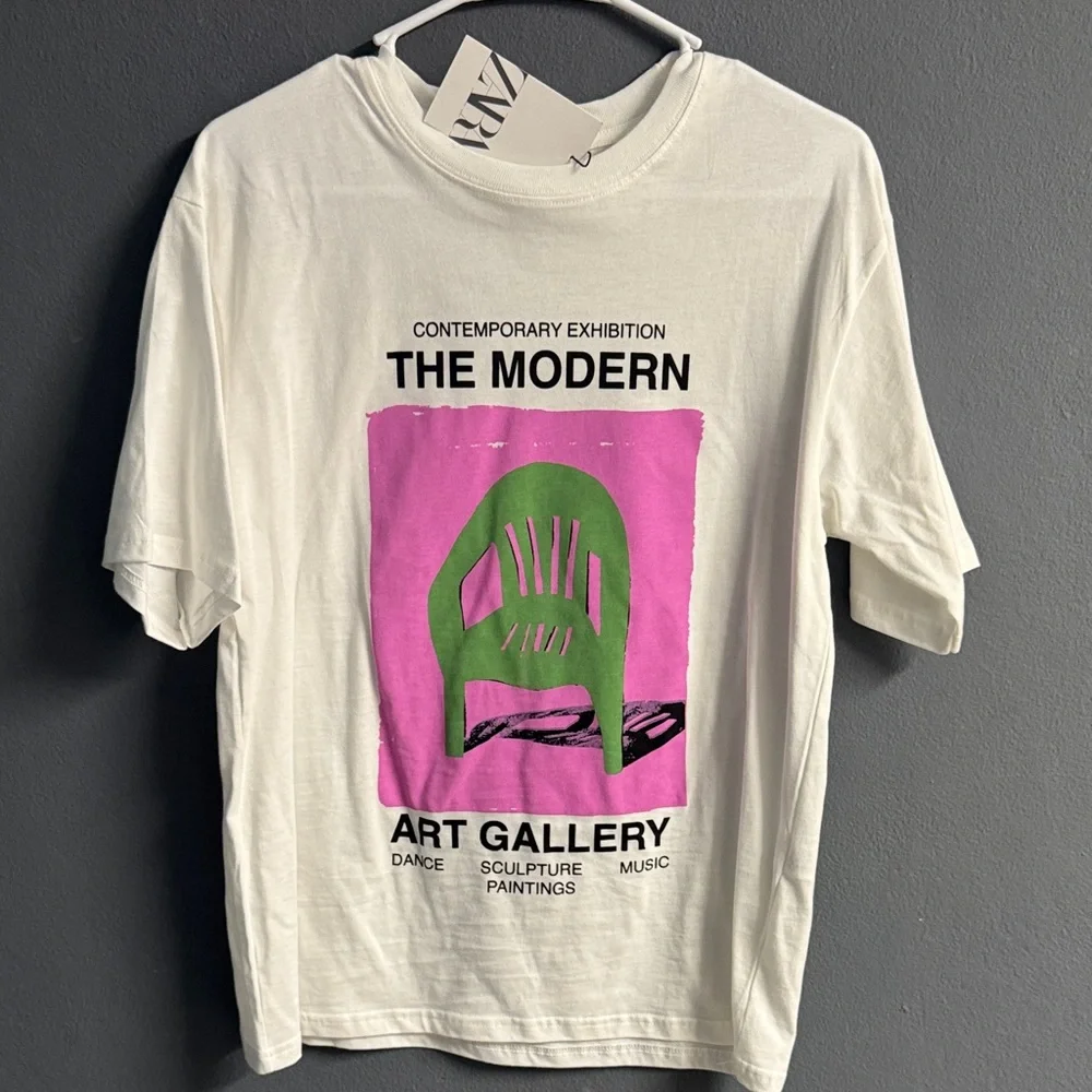 Zara Kids Modern Art Gallery T-Shirt - White with Pink and Green - Picture 1 of 2